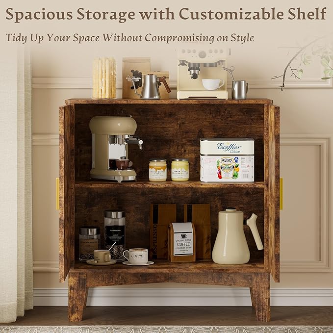 BORNOON Storage Cabinet with Doors and Adjustable Shelf, Modern Fluted Sideboard Buffet Cabinet, Freestanding Coffee Bar for Kitchen, Pantry, Entryway, Living Room (Rustic Brown)