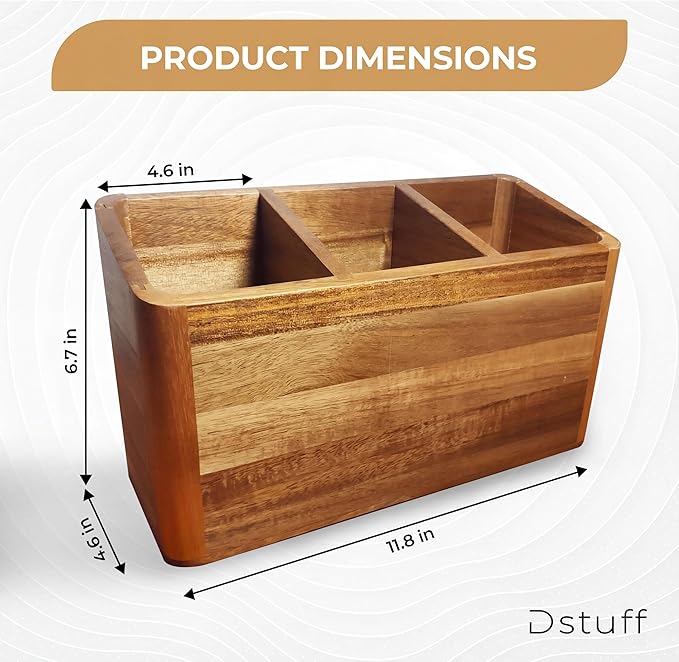 Dstuff Large Kitchen Utensil Holder Organizer for Counter or Countertop, Large Wooden Utensil Holder for Storage Cooking and Silverware with 3 Compartment, Acacia Rustic Wood Container Extra Large