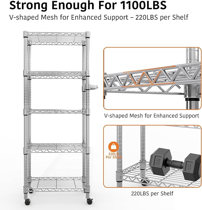 Metal Storage Shelves 5 Tier with Wheels, 1100 LBS Adjustable Wire Shelving Rack Shelves Units with Side Handle for Hanging, Rolling Shelf Organizer for Kitchen Garage, 11.8" W x 23.6" D x 61"H,Silver