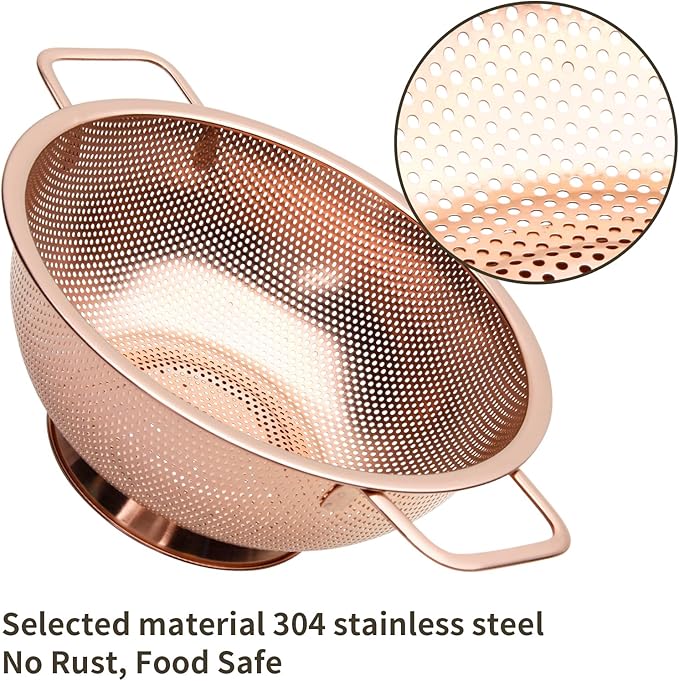 BLAGAIN Colander 3-Quart with Handle, Food Metal Strainer for Kitchen Sink, Pasta Pot for Noodles Vegetables and Fruits, Stainless Steel, Rose Gold