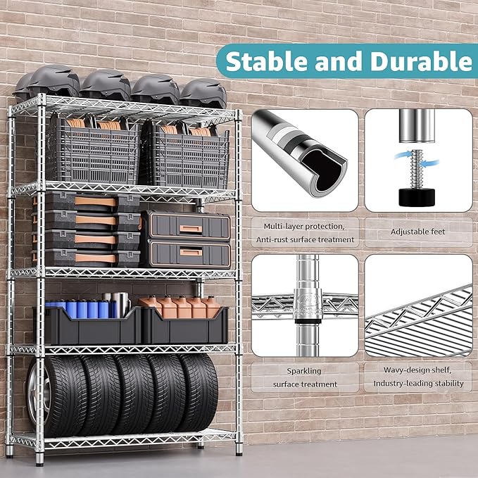 1750 LBS Storage Shelves 5-Tier Utility Shelving Unit Steel Organizer Wire Rack for Home,Kitchen,Office,Garage, Capacity 17.7" D x 47.2" W x 72.3" H | Organizer Wire Rack, for Home, Kitchen, Office, Garage, 1750 LBS Capacity