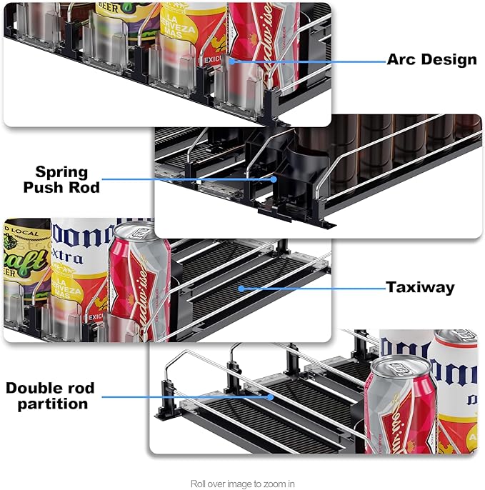 Drink Organizer for Fridge,12oz 16oz 20oz - Soda Can Dispenser for Refrigerator,Width Adjustable,Automatic Pusher Glide,15"D,White,4 ROW,Holds 20 Cans