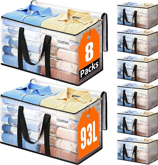 Extra Large Heavy Duty Moving Bags, Storage Bags with Strong Zippers & Handles, Packing Bags for Moving Essentials, Ideal Storage Tote for Home, Dorm & Storage Solutions, 93L, 8 Packs, Clear