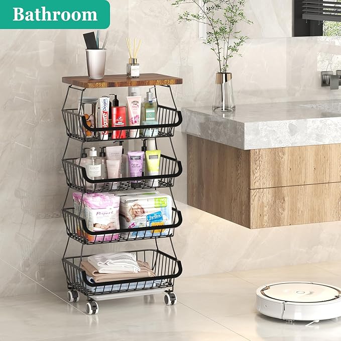 Fruit Basket with Wooden Lid for Kitchen, 5-Tier Stackable Wire Fruit Vegetable Storage Basket Organizer Stand on Wheel, Produce Basket Potato Onion Storage Bins Rack Cart for Pantry