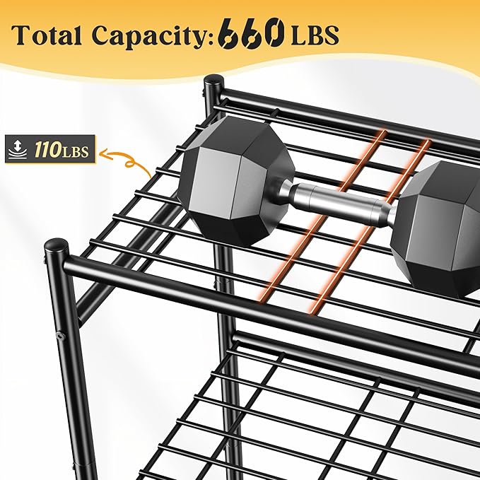 Storage Shelves-6 Tier Metal Shelving Unit with Hooks,Heavy Duty Garage Shelving with Leveling Feet,High Standing Shelf Organizer for Kitchen Pantry Bathroom Dorm,17.7”W×11.8”D ×72.2”H,Black