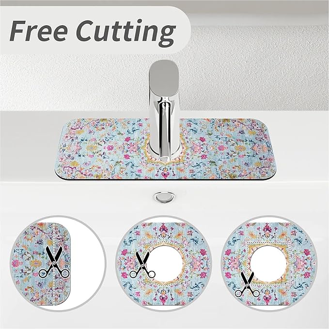 Kitchen Sink Splash Guard，Bohemian style flowers Faucet Mat Sink Gadgets-Super Absorbent Fast Drying Mat Drip Catcher for Kitchen, Bathroom,Sink Mat, Dish Drying Mat, Bathroom(15" X 5.5" )