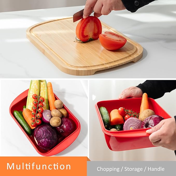 Marinade Container with Wood Lid Cutting Board, Grill Prep and Serve Tray, 2 Pcs Set, Stackable Melamine Serving Tray & Wood Platter, BBQ Prep Tub & Marinating Serving platters, Red