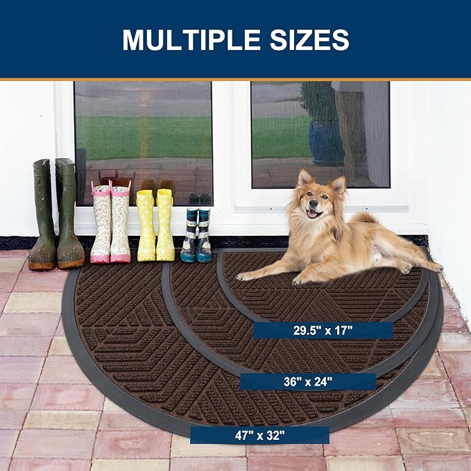 Smiry Half Circle Front Door Mat Outside Entrance, Heavy Duty Sturdy Natural Rubber Doormat, Trap Dirt and Moisture, Low Profile Mats for Indoor Outdoor Entry, Irregular Triangle (35x23, Dark Brown)