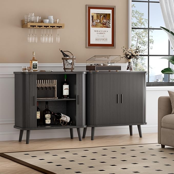 BORNOON Buffet Cabinet with Storage, Curved-Edge Fluted Storage Cabinet Sideboard, Modern Black Sideboard Buffet with Adjustable Shelves & Sliding Door for Dining Room, Kitchen, Entryway