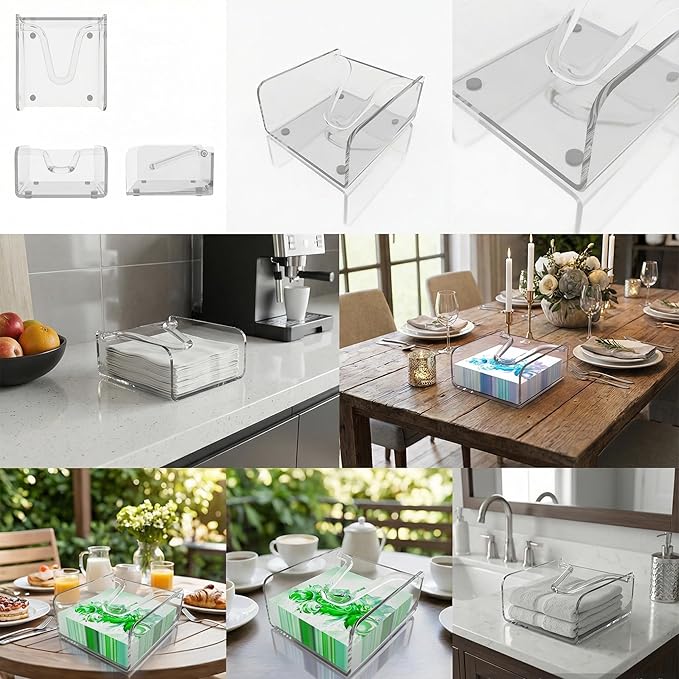 Sarpu Tecz Clear Acrylic Napkin Holder 6.5"x6.5" Cocktail Napkin Holders with Weight Arm, Acrylic Luncheon Bar Napkin Holder for Kitchen Counter, Dining Table, Bathroom Vanity(1pc)