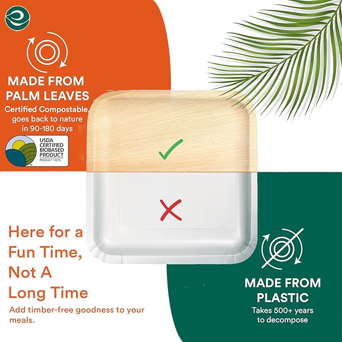 ECO SOUL Palm Leaf Plates 6" Square (50 Count) - Disposable, Eco-Friendly, Biodegradable Bamboo Appetizer Plates - Perfect Dinnerware for Parties, Weddings, Events & Holidays