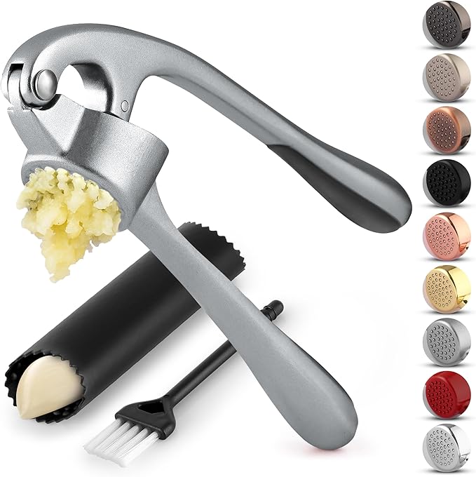 Zulay Kitchen Premium Garlic Press Set - Rust Proof Professional Garlic Mincer Tool - Easy-Squeeze, Easy-Clean with Soft, Ergonomic Handle - Silicone Garlic Peeler & Brush (Slate)
