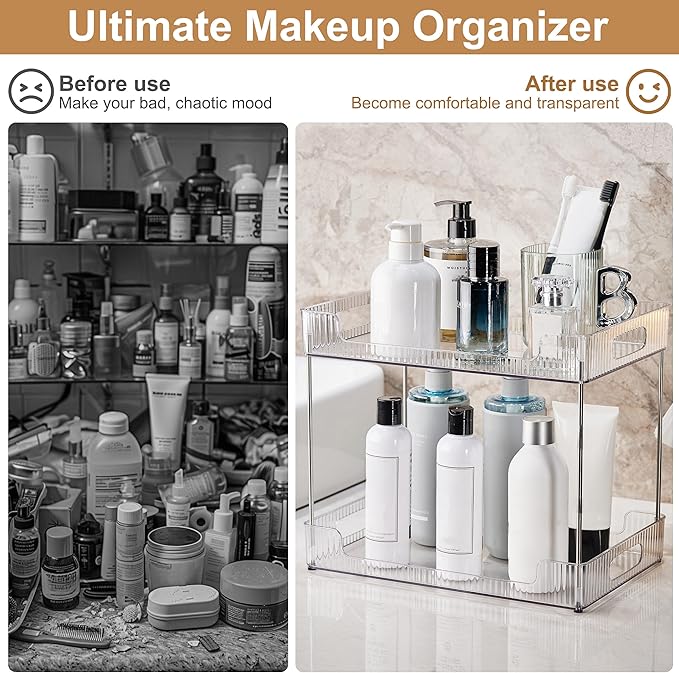 Goderewild 2-Tier Bathroom Counter Organizer, Multi-Purpose Cosmetics Skincare Shelf, Fits A4 Size Makeup Organizer for Office and Vanity Tray, Countertop Storage Solution for Kitchen,Bath.(Clear)