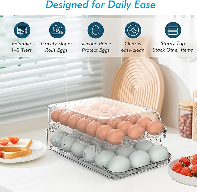Egg Holder for Fridge, Foldable Automatic Rolling Egg Container for Refrigerator, Stackable Large-Capacity Egg Organizer Tray, Durable Clear Plastic Dispenser (3 dozens)