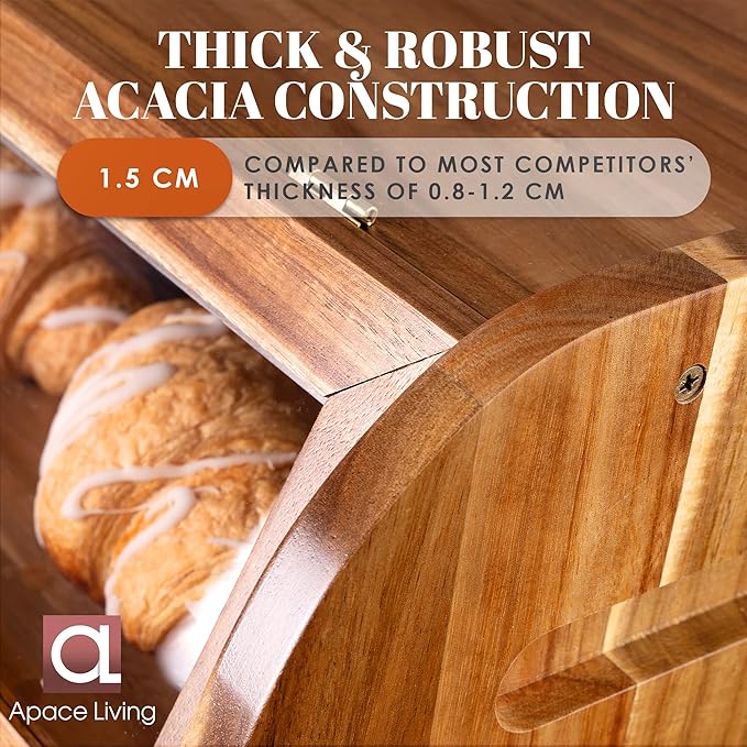 Arise Stylish Acacia Bread Box for Kitchen Countertop, Extra Large 2-Shelf Wooden Bread Storage Container with Clear Windows and Air Vents Keep Bread, Bagels and Rolls Fresh, Self Assembly