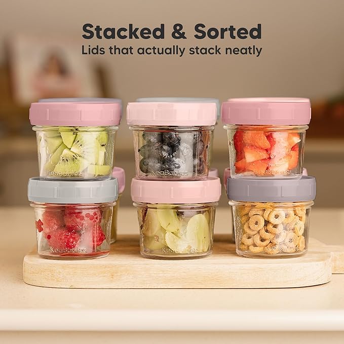 KeaBabies 6pk 4oz Glass Baby Food Containers with Lids - Leak-Proof, Microwavable Small Glass Jars, Baby Purees & Toddler Snack Storage Containers, BPA-Free, Dishwasher & Freezer Safe (Roseate)