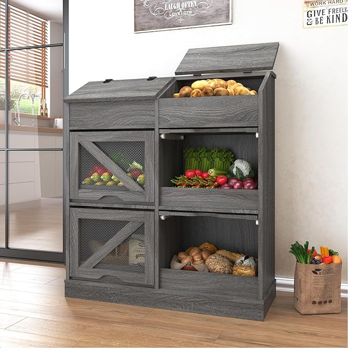 Potato Storage Bin Bread Box with Lid,Rustic Onion&Fruit Organizer with Wood Hidden Door,Farmhouse Grocery Section Decorative,Vegetable Organization Cabinet W/Mesh Door for Kitchen Dining Room(Grey)
