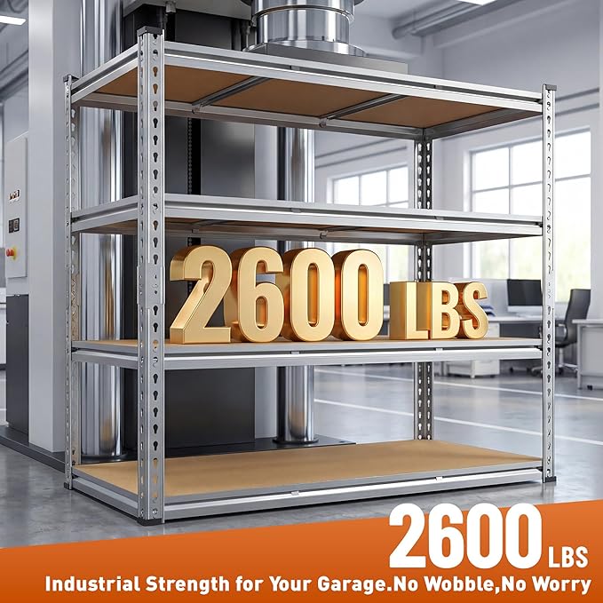 Galvanized Garage Shelving Load 2600LBS, 4-Tier Storage Shelves, Adjustable Garage Storage Shelves, Industrial Shelving, Metal Shelf for Basement, Warehouse, Kitchen, 48" W x 60 "H x 24.1" D