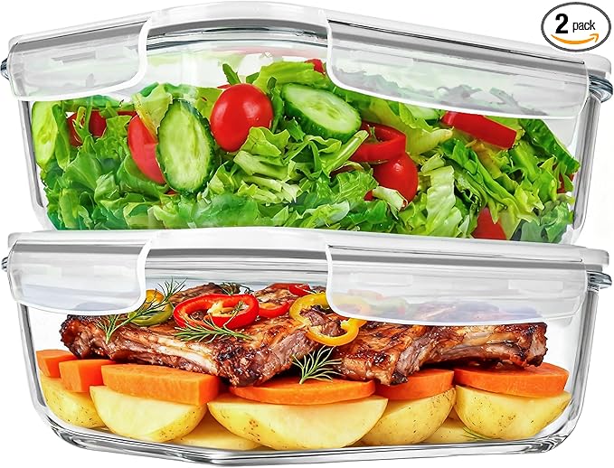 2 Pack 78 Oz / 9.8 Cups Large Glass Food Storage Containers with Lids, Meal Prep Containers for Baking, Serving, Glass Storage Container, BPA Free, Leakproof, Freezer, Microwave/Oven Safe