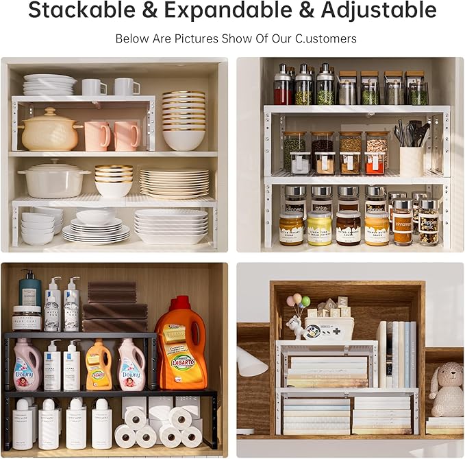 Ipotive Cabinet Shelf,Expandable Adjustable Stackable Kitchen Organizer,for cabinets, Kitchens, countertops, bathrooms Shelf Organizer(3Packs/White,Medium)