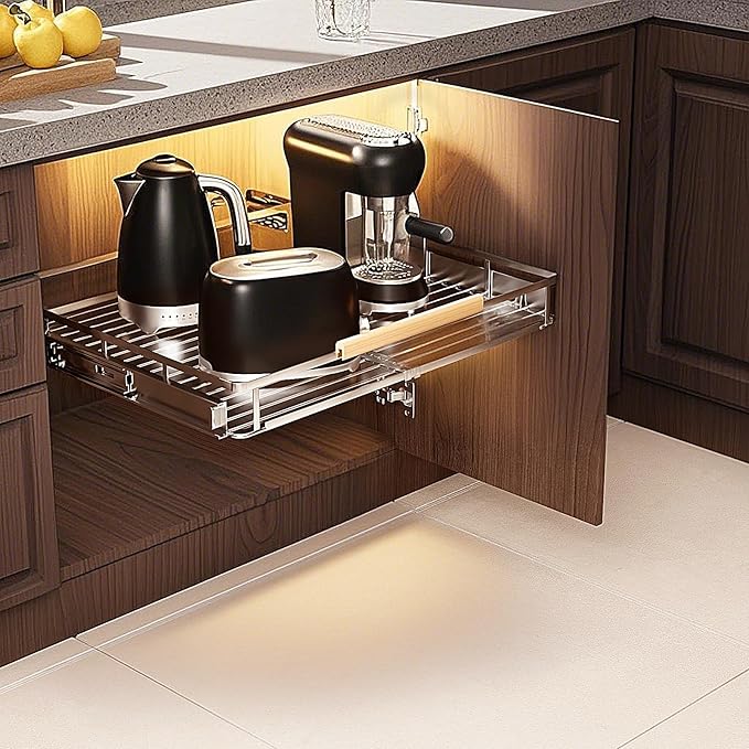 taiheis 1 Pack Expandable Pull Out Cabinet Organizer，Side Mounting 17.1~28"x22.5"Cabinet Pull Out Shelves, Expandable Slide Out Spice Rack for Cabinet for Kitchen Bathroom Office