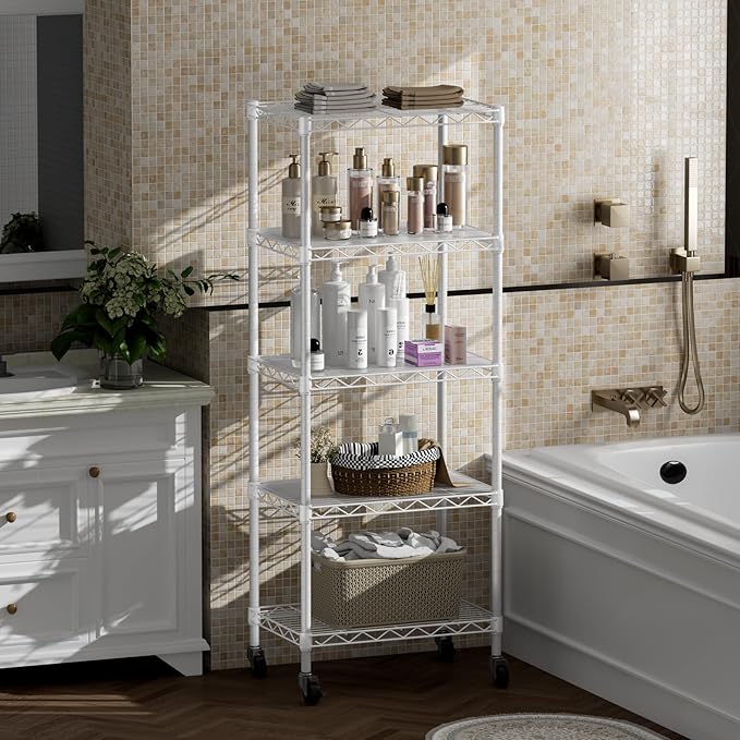SINGAYE 5 Shelves Storage Shelf Wire Closet Bathroom Organizers Metal Pantry Kitchen Small Garage Shelving Unit Laundry Room Organization Home Narrow Rack Net Basket with Wheels White