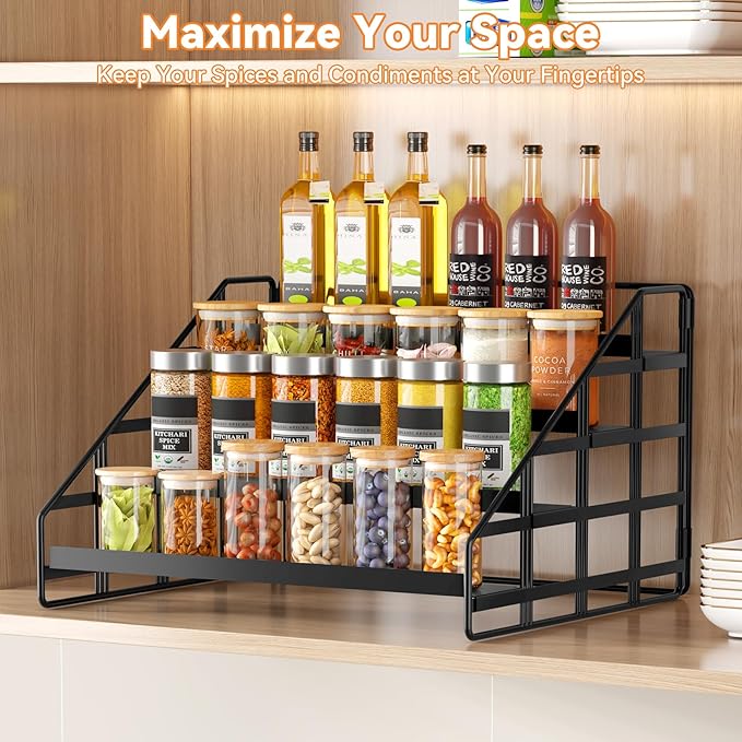 Bunoxea Spice Rack 4 Tier Kitchen Cabinet Organizer,Countertop Spice Rack,Tier Depth Adjustable Cabinet Shelf,Step Spice Organization Easy Visibility,Holds Seasoning and Condiments