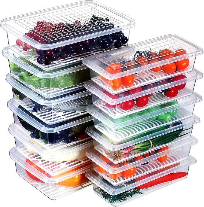 Meanplan 12 Packs Food Storage Containers for Fridge Plastic Refrigerator Organizers with Removable Drain Plate and Lid Stackable Produce Containers to Keep Fruits, Vegetables, Meat