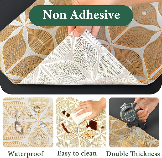 3D Drawer and Shelf Liner for Kitchen Cabinet: 12 in X 20 Ft Waterproof Shelf Paper Non Adhesive Refrigerator Liners Golden Leaf Easy Liners for Bathroom with Knife Tape Measure