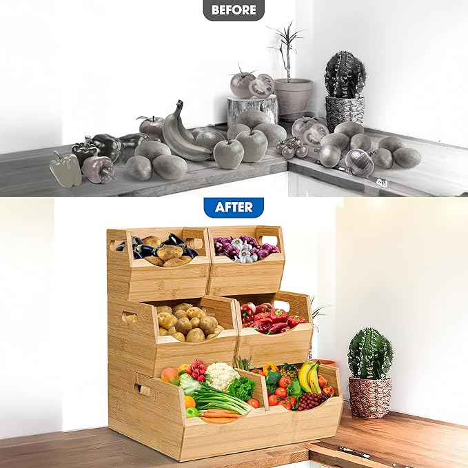 [Upgraded] 3-tier Stackable Bamboo Pantry Storage Bins, Potato and Onion Storage Baskets with Handles, Removable Divider, Pantry Organizer Holder for Kitchen, Office, Cabinet, Fruit Storage