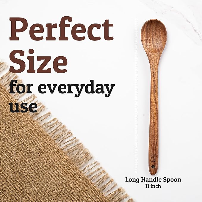 PriorityChef Long Wooden Spoon for Cooking, Durable Teak Large Cooking Spoon for Serving, Stirring & Daily Use – Safe for Nonstick & Cast Iron Cookware