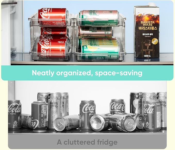 VUSIGN Expandable Soda Can Organizer 2 Pack, Adjustable Width Can Dispenser for Refrigerator 6.1''-9.38'' W, Drink Organizer for Fridge, Can Holder for Standard and Tall Can, Clear