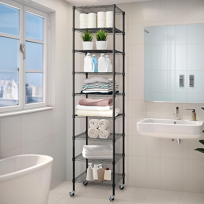 Finnhomy Heavy Duty 9 Tier Wire Shelving with Wheels 18x18x79-inches 9 Shelves Metal Storage Rack Thicken Steel Tube, Pantry Shelves for Storage, Adjustable Shelving Unit, NSF Certified, Black