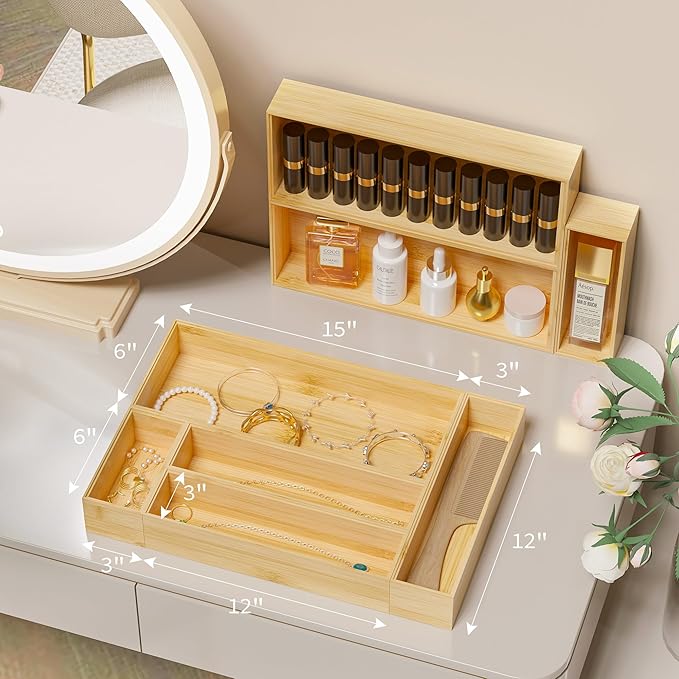 Greatseas Kitchen Drawer Organizer Bins, Stackable Bamboo Deep Drawer Organizer for Silverware, Utensils, Cutlery, Flatware, Junk Drawer, Dresser, Bathroom, 6" x 3" x 2.5" (Set of 2)