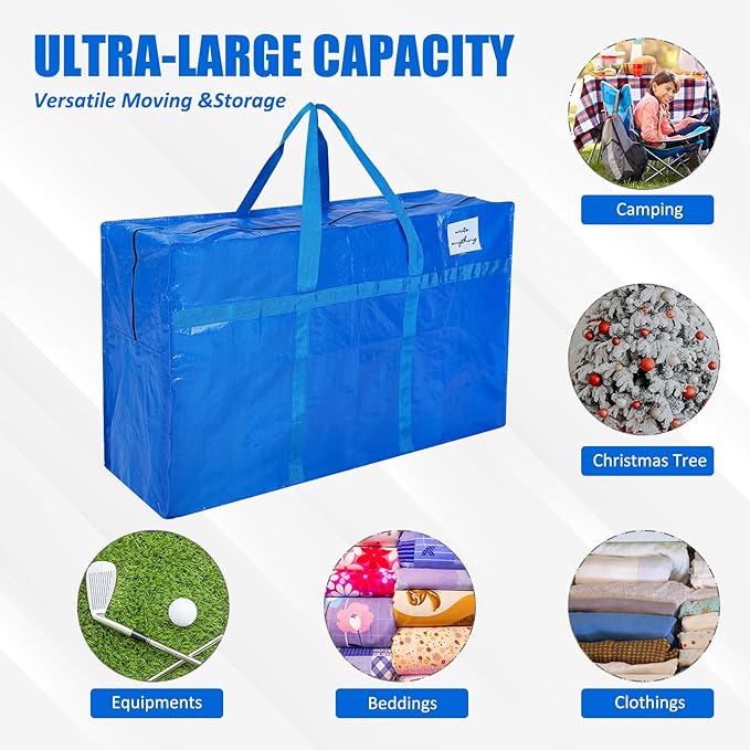 Windyun 4 Pack 41 Gallon Extra Large Moving Bags XXL Heavy Duty Storage Bag with Strong Zipper Handle Jumbo Big Tote Box Foldable for College Dorm Travel Clothes Duffle Blanket Pillow(Blue)