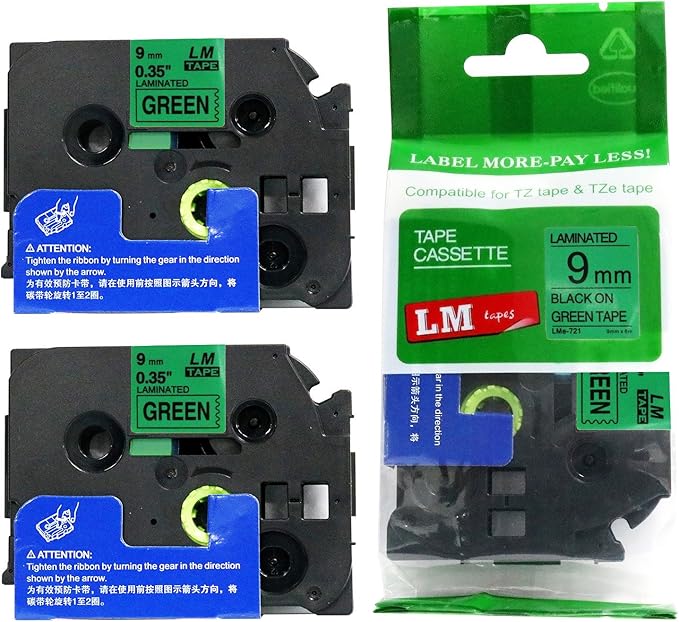 2/Pack LM Tapes - LMe721 Premium 3/8" Black Print on Green Label Compatible with P-Touch TZe721 Tape and Includes Tape Color/Size Guide. Replaces Ptouch TZ721 9mm 0.35 Laminated.