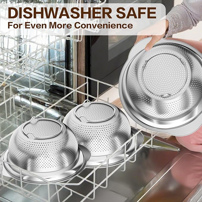 Stainless Steel Colander for Kitchen, Stainless Steel Strainer, Pasta Strainer for Spaghetti Fruit Vegetable Cooking Food, 3 Pcs Strainers and Colanders(2QT, 3QT, 5QT), Dishwasher Safe, Kitchen Gift
