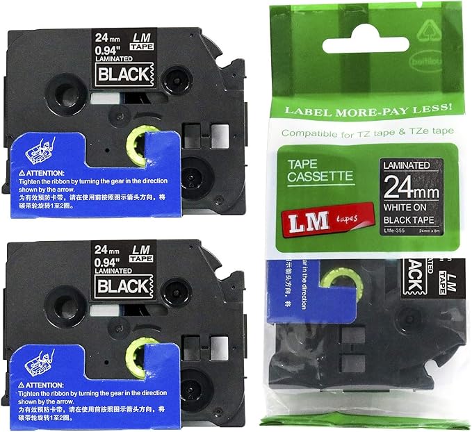 2/Pack LM Tapes - LMe355 Premium 1" White Print on Black Label Compatible with Brother TZe-355 P-Touch and Includes Tape Color/Size Guide. Replaces TZe355 24mm 0.94 Laminated