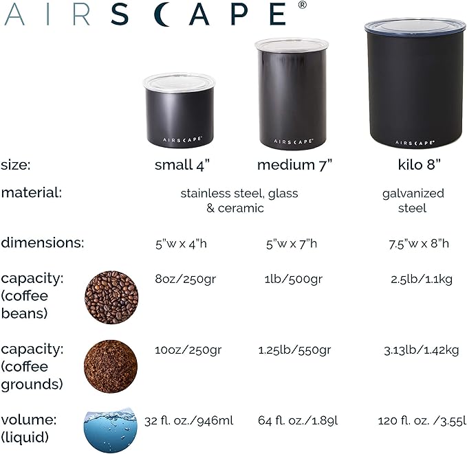 Airscape Kilo Coffee Storage Canister & Scoop Bundle Large Food Container, US Patented Airtight Lid 2-Way Valve Preserve Food Freshness, 2.2 lb Dry Beans (Large Kilo, Matte Gray & Brushed Steel Scoop)