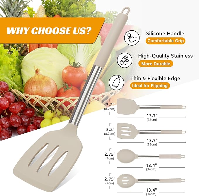 YASUEBI Kitchen Utensils Set Silicone Kitchen Utensils Set for Nonstick Cookware Perfect for Baking and Mixing,Spatula Set BPA Free Dishwasher Safe Khaki 4 Pack