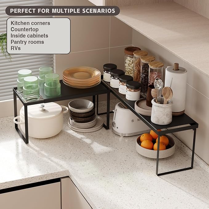 Magheo Expandable Cabinet Shelf Organizer, 1 Pack Stackable Kitchen Counter Shelf Riser, Metal Spice Rack Adjustable Heavy Duty Countertop Organizer Storage for Kitchen, Pantry, Cupboard, Rv (Black)