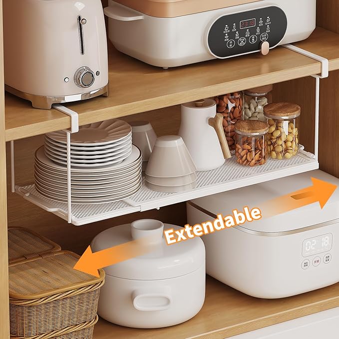 2 Pack Expandable Under Cabinet Shelf, Under Shelf Storage with 0.94 Inches Thick Clips for Kitchen Cupboard, Metal Hanging Under Desk Basket for Laundry Room, Shoe Rack