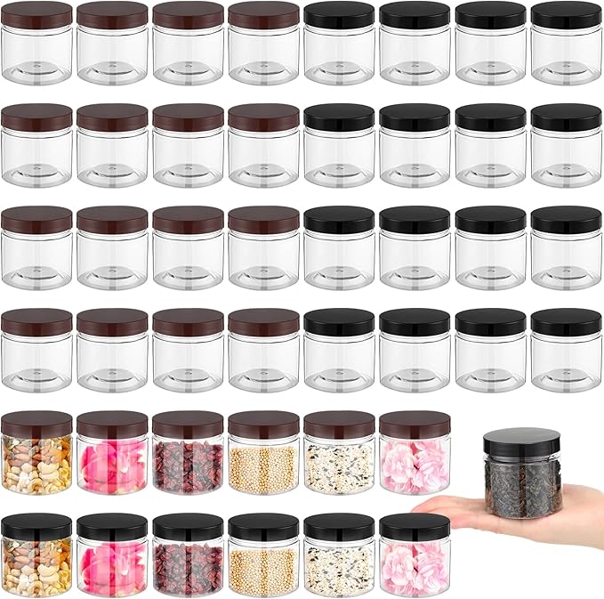 Mifoci 50 Pcs 5.4 oz Clear Plastic Jars Containers Wide Mouth Food Storage Jar for Kitchen Dry Food Butter Honey Cosmetics Cream, Black and Brown(2.56''l x 2.36''h)