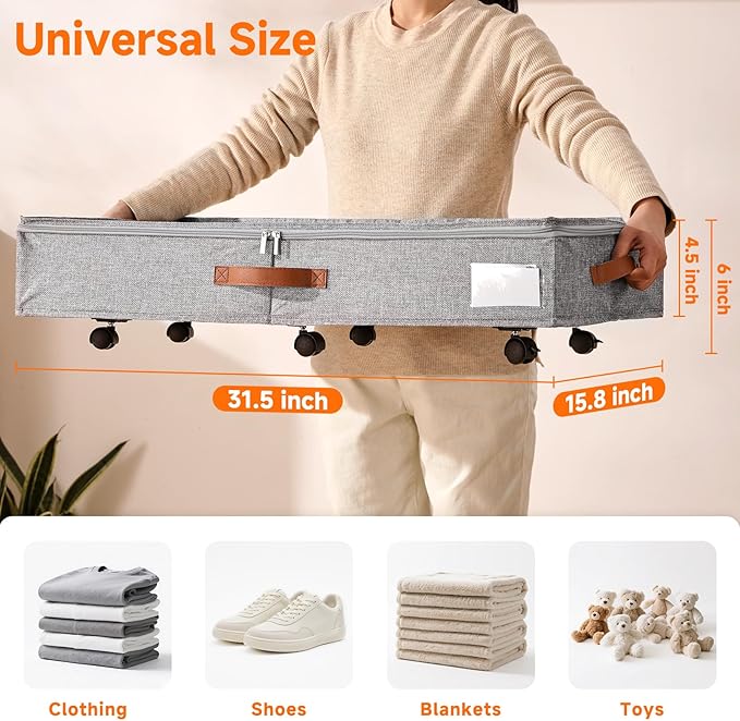 6 Inches Under Bed Storage with Wheels Pack of 2, Underbed Shoe Storage Container Bin with Clear Lid Cover, Rolling Under Bed Drawer Bag Basket for Shoe Organizer Sheet Sweater - Grey