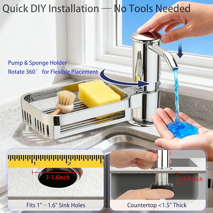 Kitchen Sink Soap Dispenser with 40" Extension Tube, Built-in Countertop Dish Soap Pump with Sponge Holder, ABS Smooth Pump Head, Under-Sink Bottle Connection Kit for Less Refills