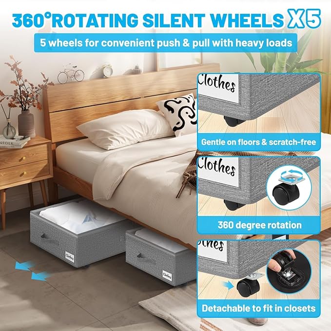 Under Bed Storage with Wheels, 2-Pack 6.7" Height XL 50L Rolling Storage Bins, Quick Assembly Underbed Shoe Storage Containers with Clear Lid & Label, Dorm Under bed Drawers for Clothes, Shoes, Grey