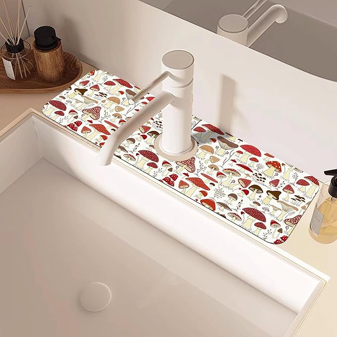 Cartoon Mushrooms Dish Drying Mat for Kitchen Sink Splash Guard Behind Faucet Sink Mat Absorbent Fast Drying Faucet Draining Mat for Bathroom Kitchen 5.5"×15"