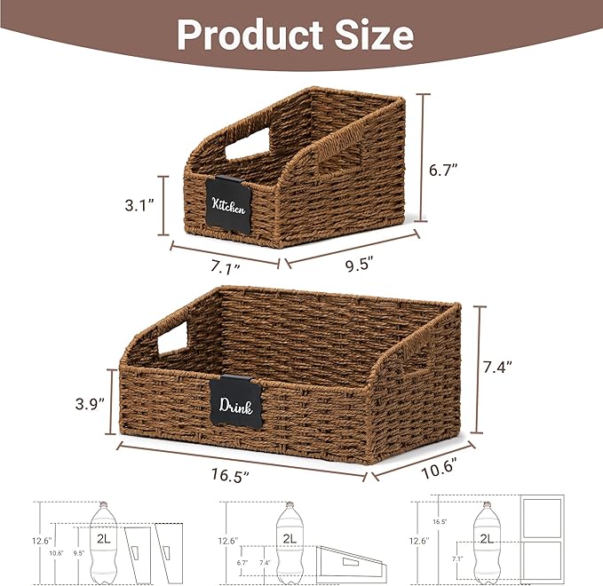 Wicker Baskets for Organizing,Pantry, Kitchen Counter with Handles, Handwoven Woven Storage Baskets for Fruit, Bread, Vegetable, Paper Storage Bins for Shelves, 2 Pack, Small Brown 2 Set