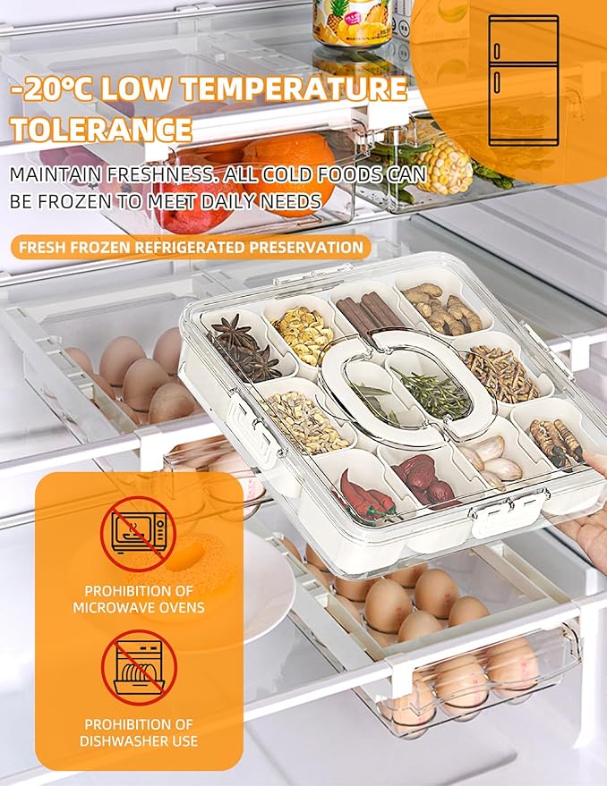 Snackle Box Container, 12 Compartment Divided Serving Tray with Lid, Sorting Portable Party Trays Clear Organizer with Locking Lid Handle for Beach Vacation, Party, Picn