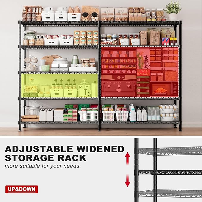 REIBII 72.8" W Storage Shelves Load 1600LBS, 5 Tier Metal Shelving Unit Garage Shelving for Adjustable Storage Rack Heavy Duty Metal Shelves for Basement Pantry Kitchen, 17.7" D x 72.8" W x 70.9" H